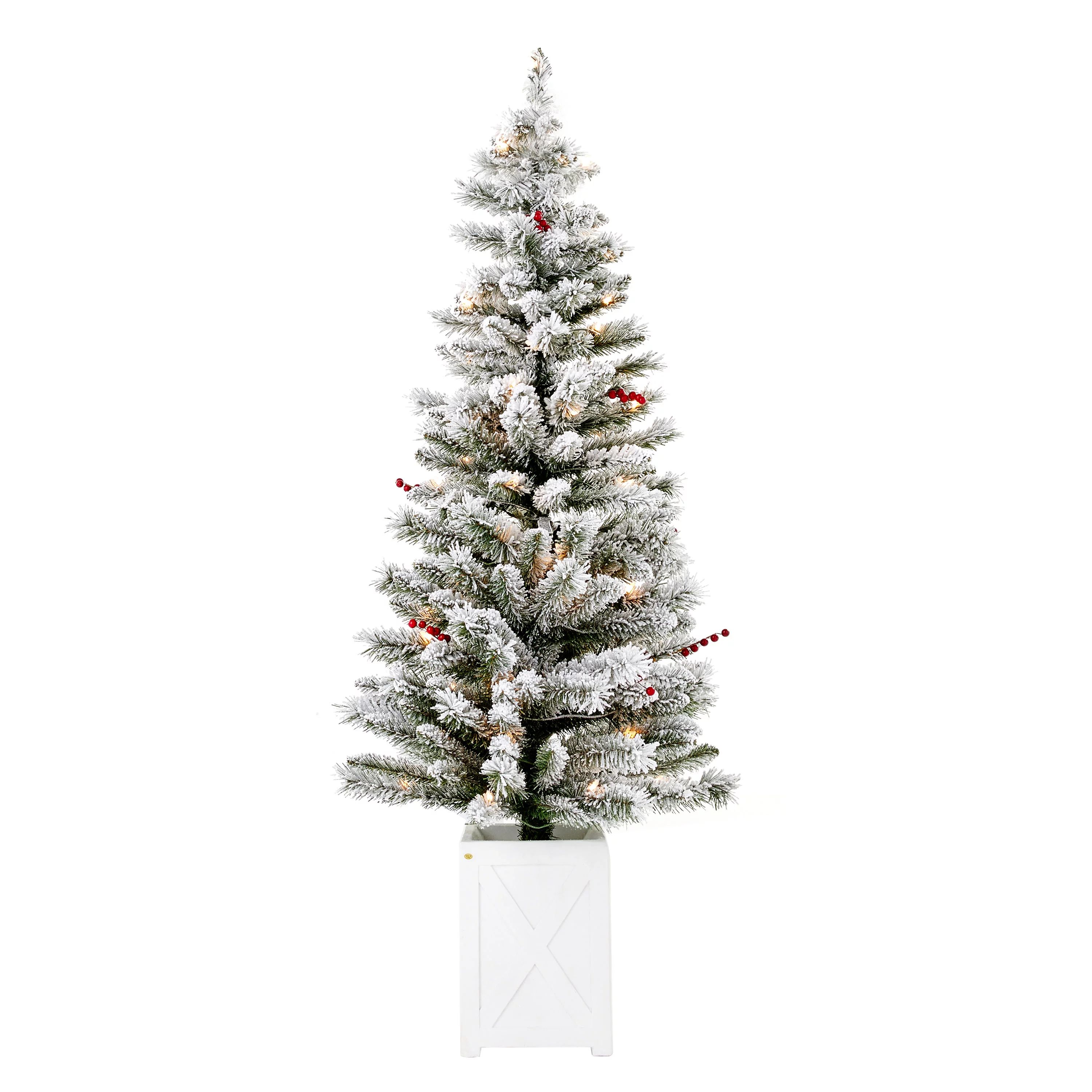 Holiday Time 5' Pre-Lit Flocked Artificial Christmas Porch Trees, Clear Lights, Set of 2 - Walmar... | Walmart (US)