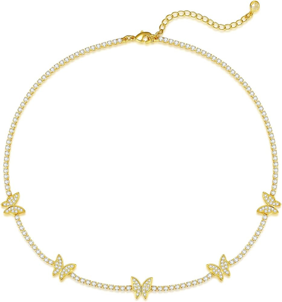 Luxval Tennis Necklace 14K Gold Plated Rhinestone Butterfly Choker Necklaces for women Dainty Zir... | Amazon (US)