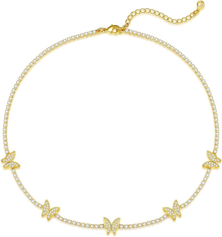 Luxval Tennis Necklace 14K Gold Plated Rhinestone Butterfly Choker Necklaces for women Dainty Zir... | Amazon (US)