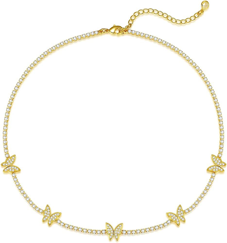 Luxval Tennis Necklace 14K Gold Plated Rhinestone Butterfly Choker Necklaces for Women Dainty Zircon | Amazon (US)