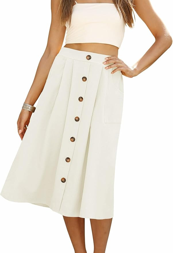 Womens Summer Skirts Casual Front Button A-Line High Waisted Midi Skirt with Pockets | Amazon (US)