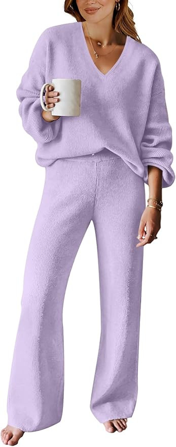 ANRABESS Women's Two Piece Outfits Sweater Sets Long Sleeve V Neck Knit Pullover and Wide Leg Pan... | Amazon (US)