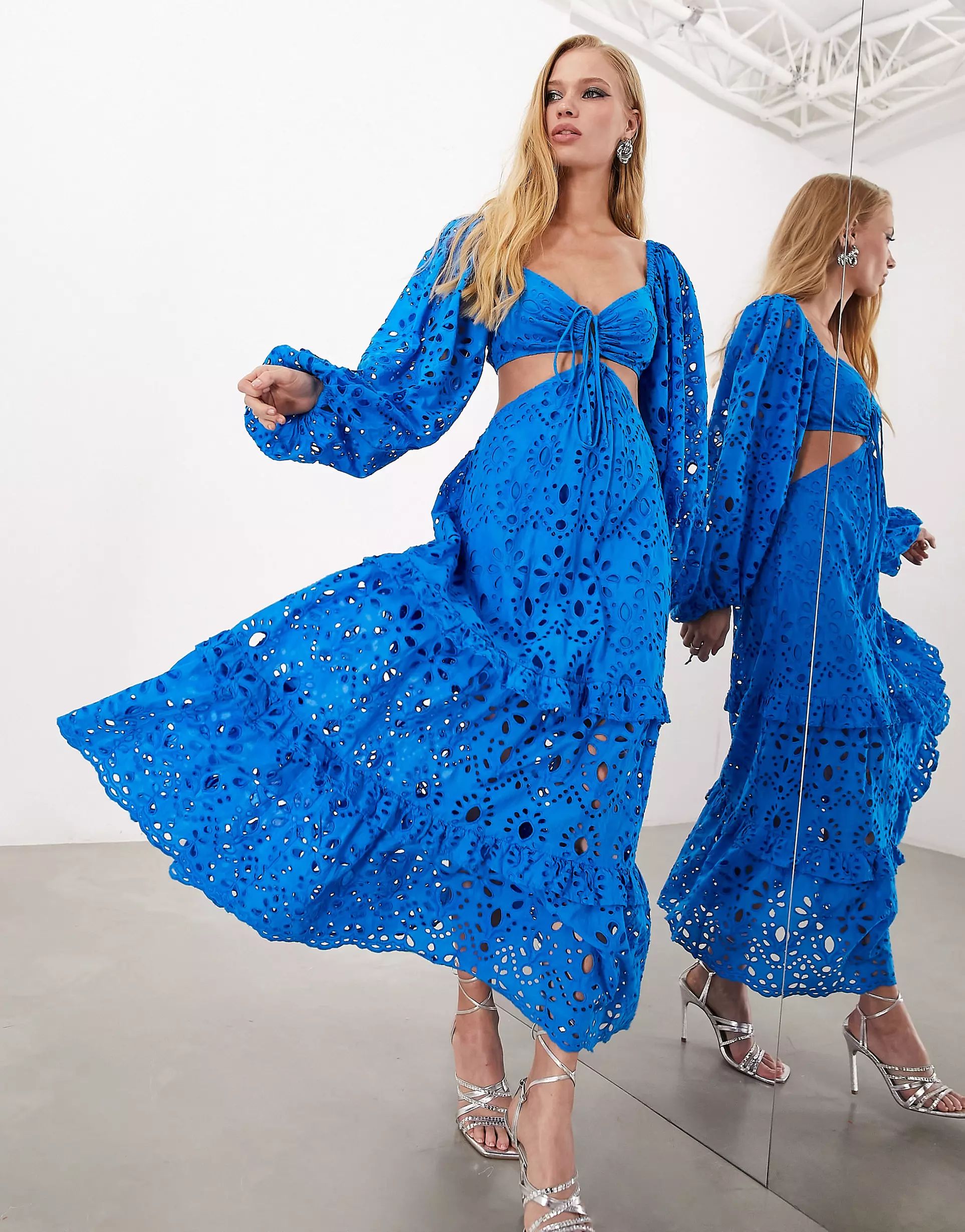ASOS EDITION blouson sleeve broderie midi dress with cut out in azure blue | ASOS | ASOS (Global)