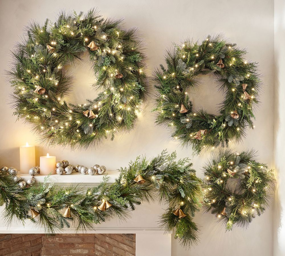 Faux Lit Mixed Greens Wreath &amp; Garland With Bells | Pottery Barn (US)