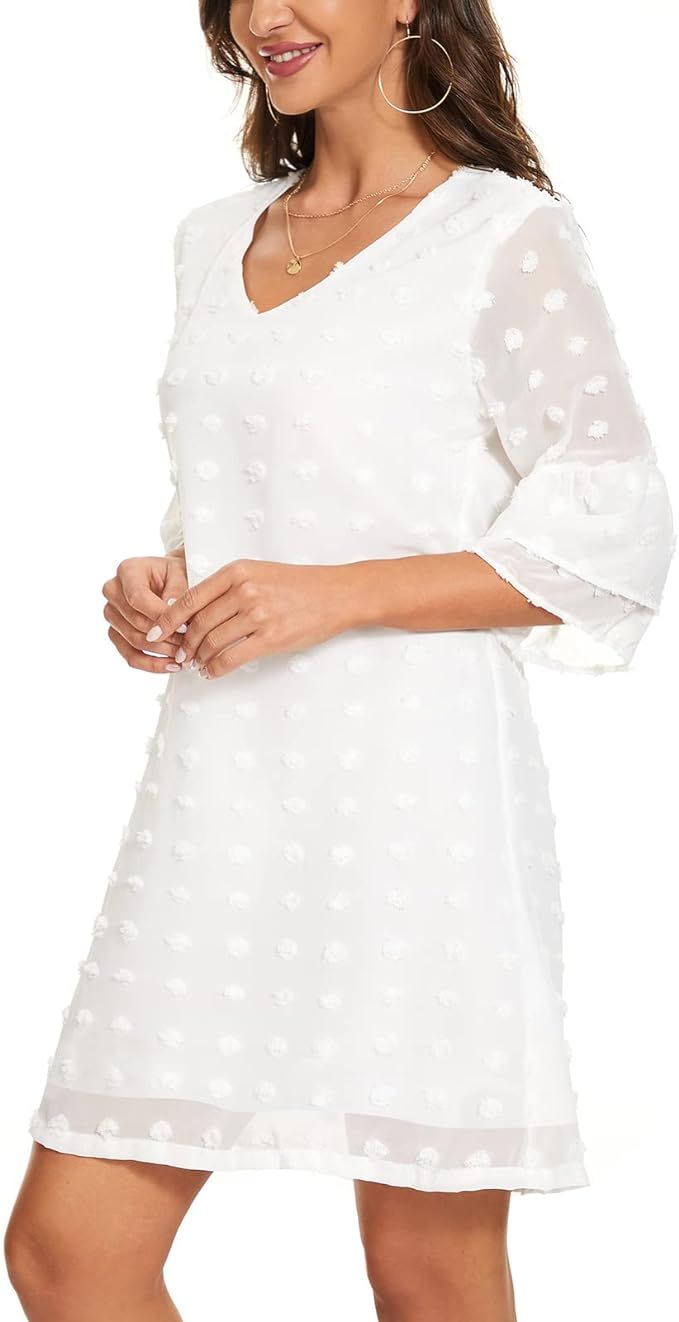 BELONGSCI Summer Dresses for Women Wedding Guest Dresses 3/4 Bell Sleeve V Neck Casual Ruffle Loo... | Amazon (CA)
