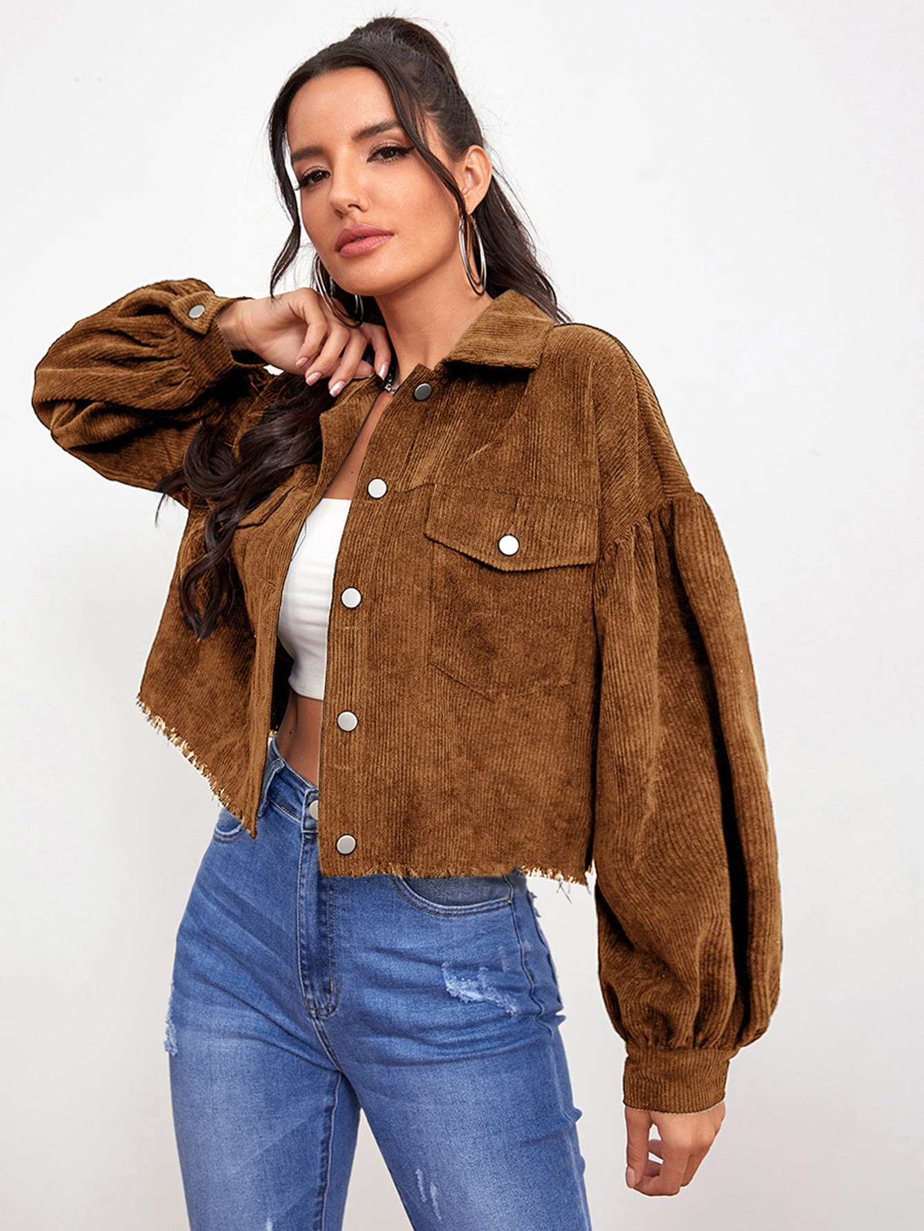 SHEIN Button Front Raw Hem Corduroy Jacket | SHEIN