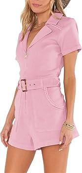 Women's Summer Short Sleeve Rompers Cotton Zip up Belted Short Jumpsuits with Pockets | Amazon (US)