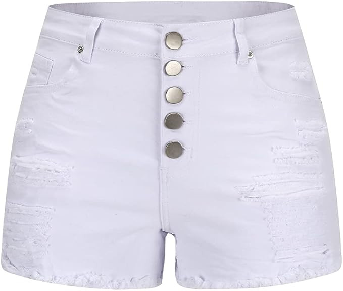 THUNDER STAR Women Mid Rise Ripped Stretchy Jeans Shorts Frayed Raw Hem Casual Denim Shorts | Amazon (US)