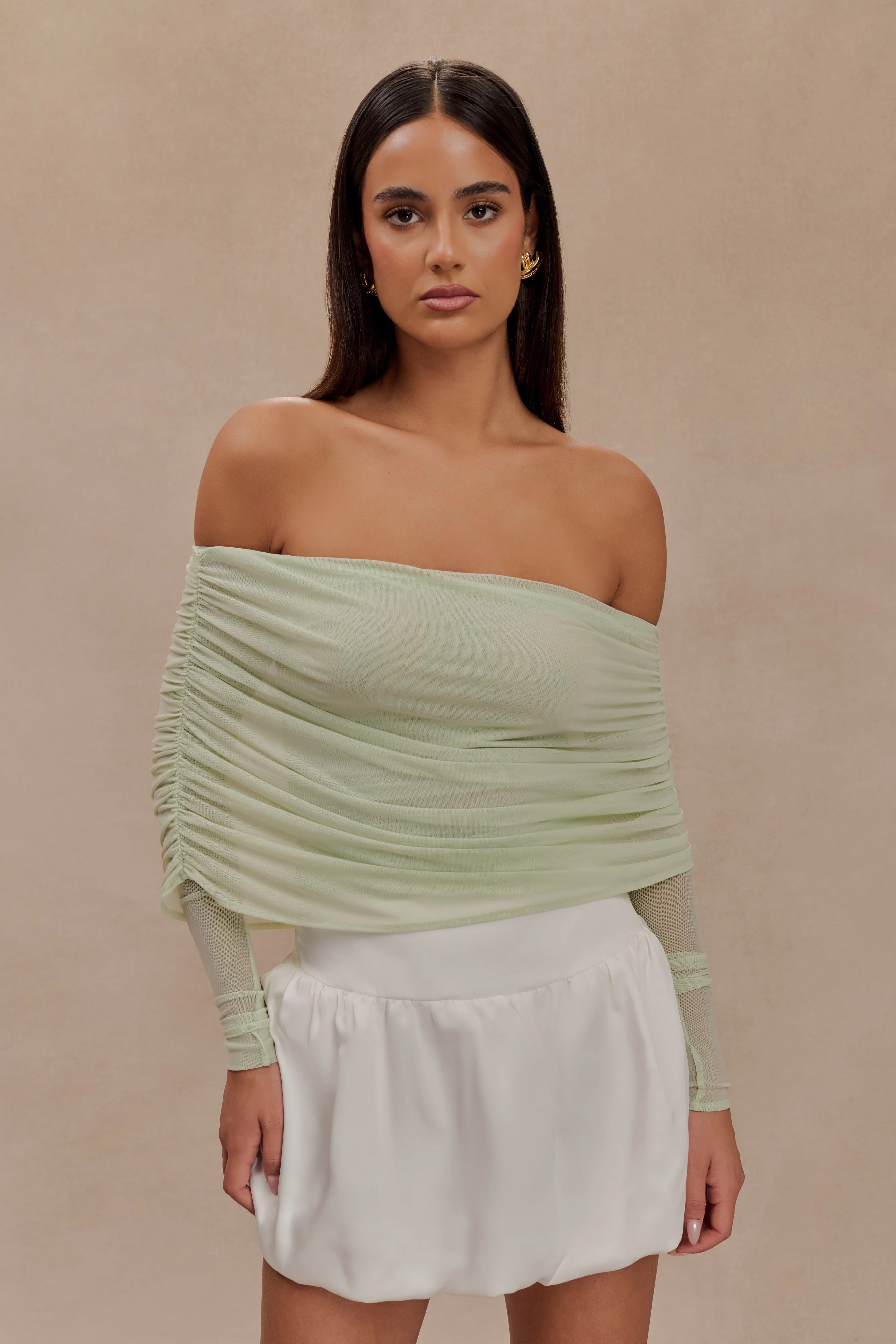 Everly Sheer Mesh Off Shoulder Top - Pastel Green | MESHKI US