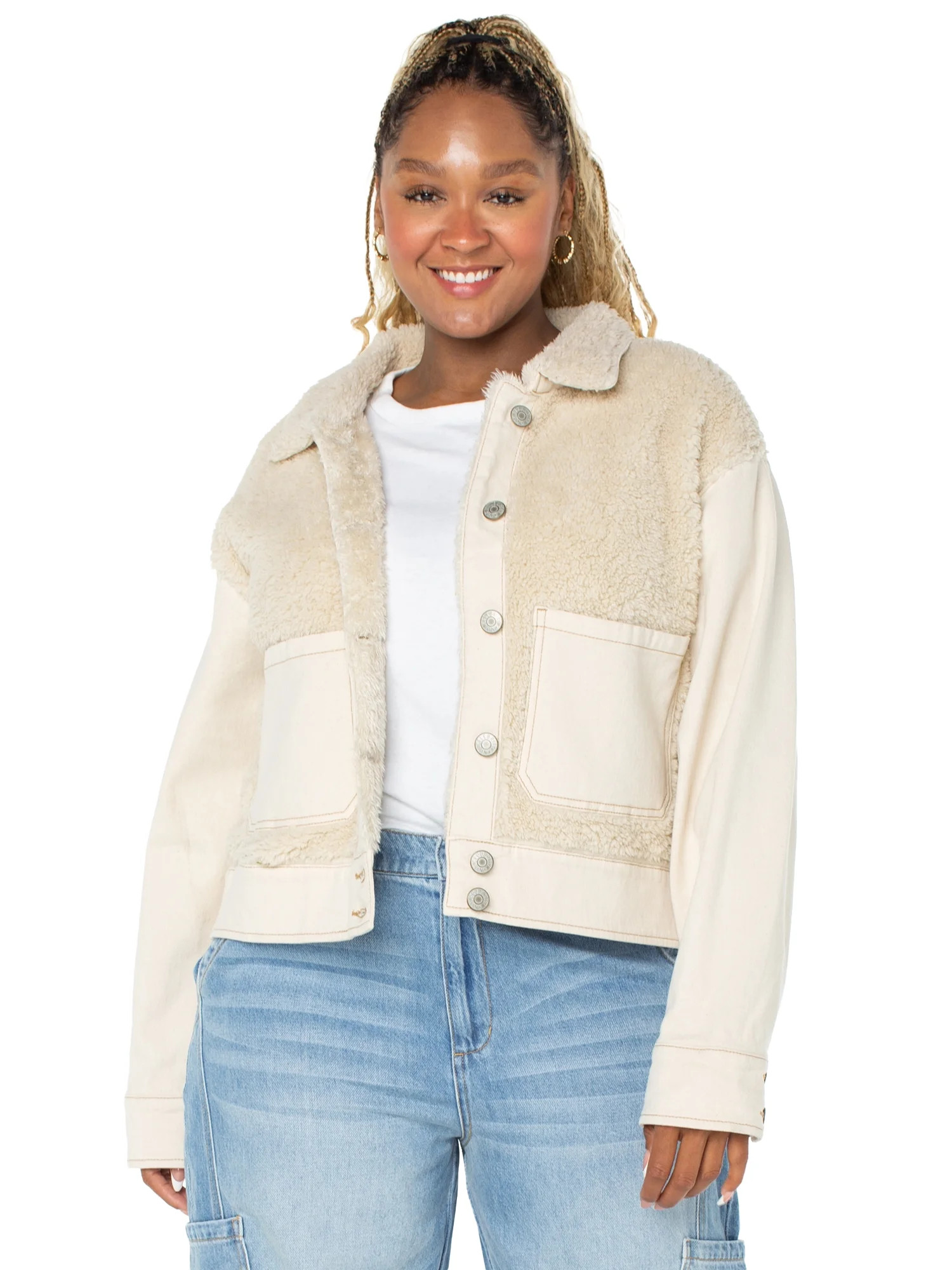 Celebrity Pink Women's and Women's Plus Faux Shearling Denim Jacket, Sizes XS-4X | Walmart (US)