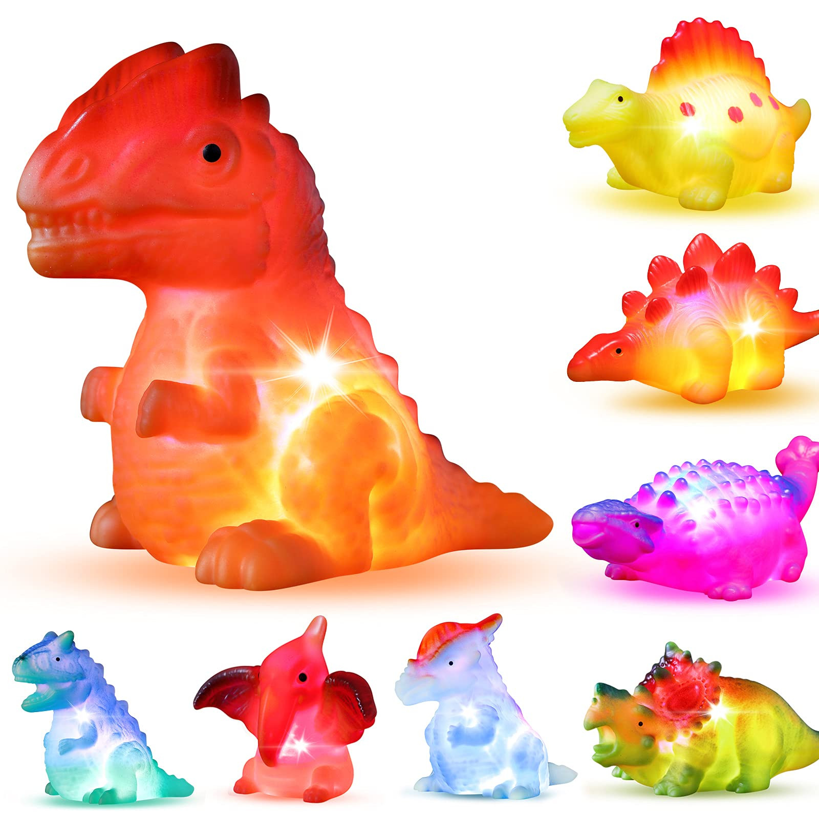 8 Pack Light up No Hole Dinosaur Bath Toy Set, Flashing Color Changing Light in Water, Floating D... | Amazon (US)