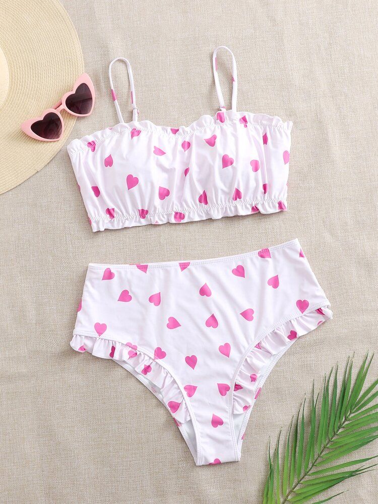 Plus Heart Print Frill Trim High Waisted Bikini Swimsuit | SHEIN