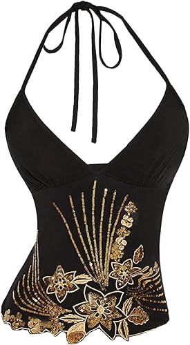 MakeMeChic Women's Y2K Floral Sequin Halter Top Tie Open Back Sleeveless Crop Tank Tops | Amazon (US)