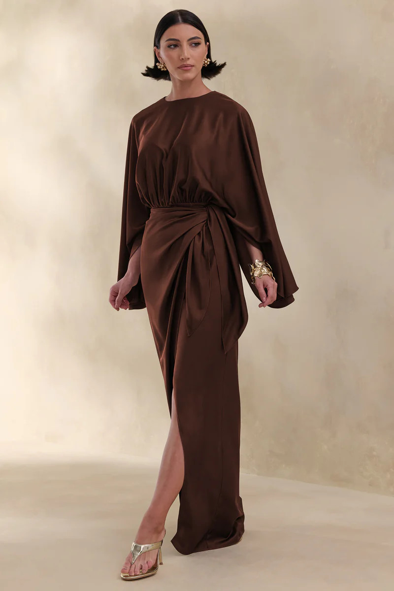 Delphina  Brown Satin Maxi Dress With Gathered And Knot-Detail | Club L London