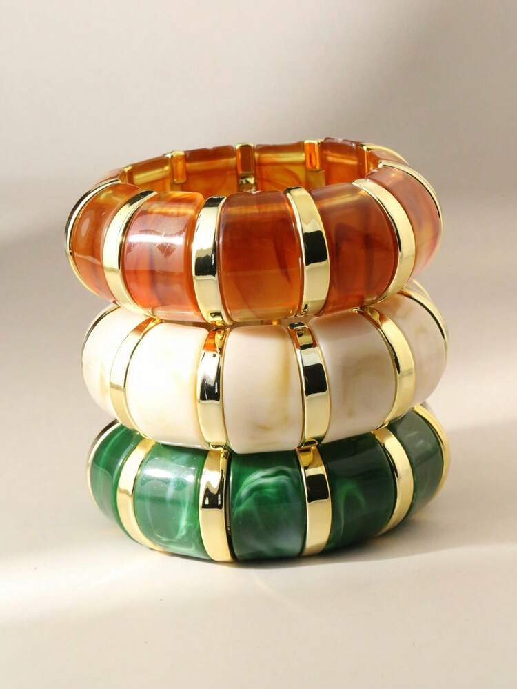 3pcs/1pc Fashionable Bohemian Style Colorful Curved Acrylic Elastic Bracelet, Suitable For Women'... | SHEIN