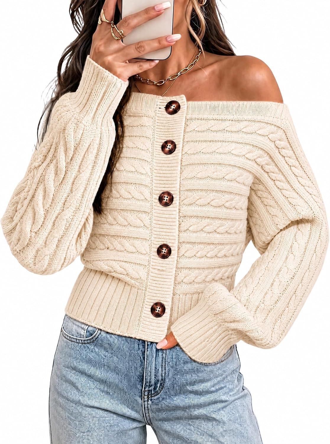 Cicy Bell Women Off The Shoulder Sweater Long Sleeve Button Knit Pullover | Amazon (US)