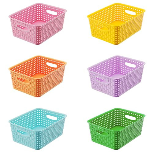 6-Pack Colorful Small Plastic Storage Weave Baskets, Versatile Shelf Organizer Woven Baskets for Classrooms, Children's Rooms & Pantries, 10x7.5x4 inch | Amazon (US)