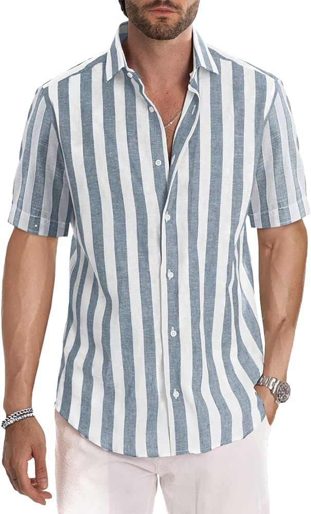 JMIERR Men's Casual Stylish Short Sleeve Button-Up Striped Dress Shirts Cotton Beach Shirt | Amazon (US)