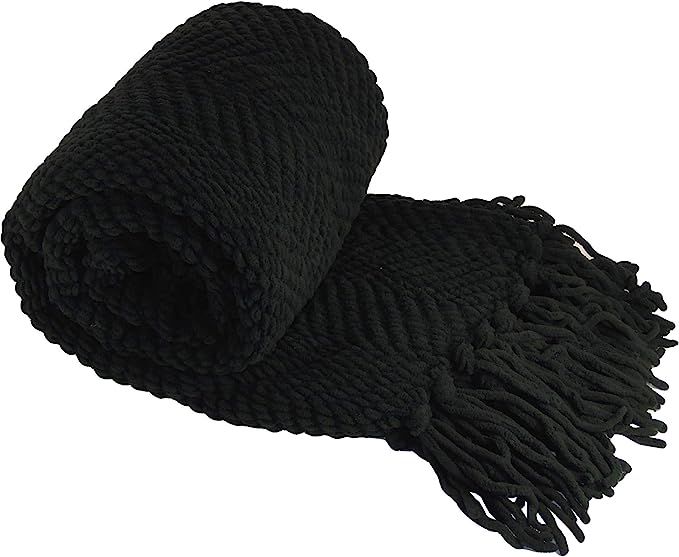 Home Soft Things Black Throw Blanket Knitted Tweed Throw 50'' x 60'', Raven, Super Soft Cozy Warm... | Amazon (US)