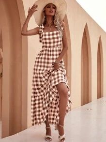 Knot Strap Flounce Hem Gingham Dress
   SKU: sw2112203269009585      
          (2425 Reviews)
  ... | SHEIN