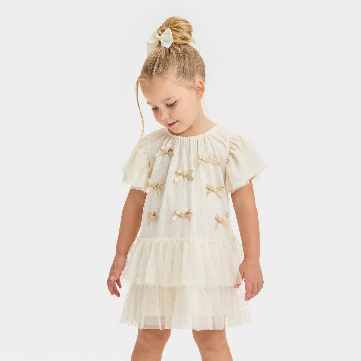 Toddler Girls' Audrey Camille Gold Bows Tulle Dress - Beige | Target
