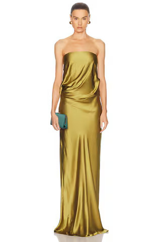 The Sei Draped Strapless Gown in Antique Gold - Olive. Size 0 (also in 2, 4, 6). | FWRD 