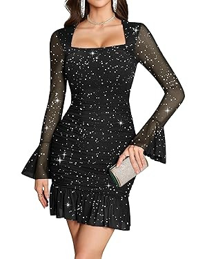 Meetjen Women's Sparkly Ruched Bodycon Mini Dress Sexy Sheer Mesh Bell Long Sleeve Square Neck Sh... | Amazon (US)