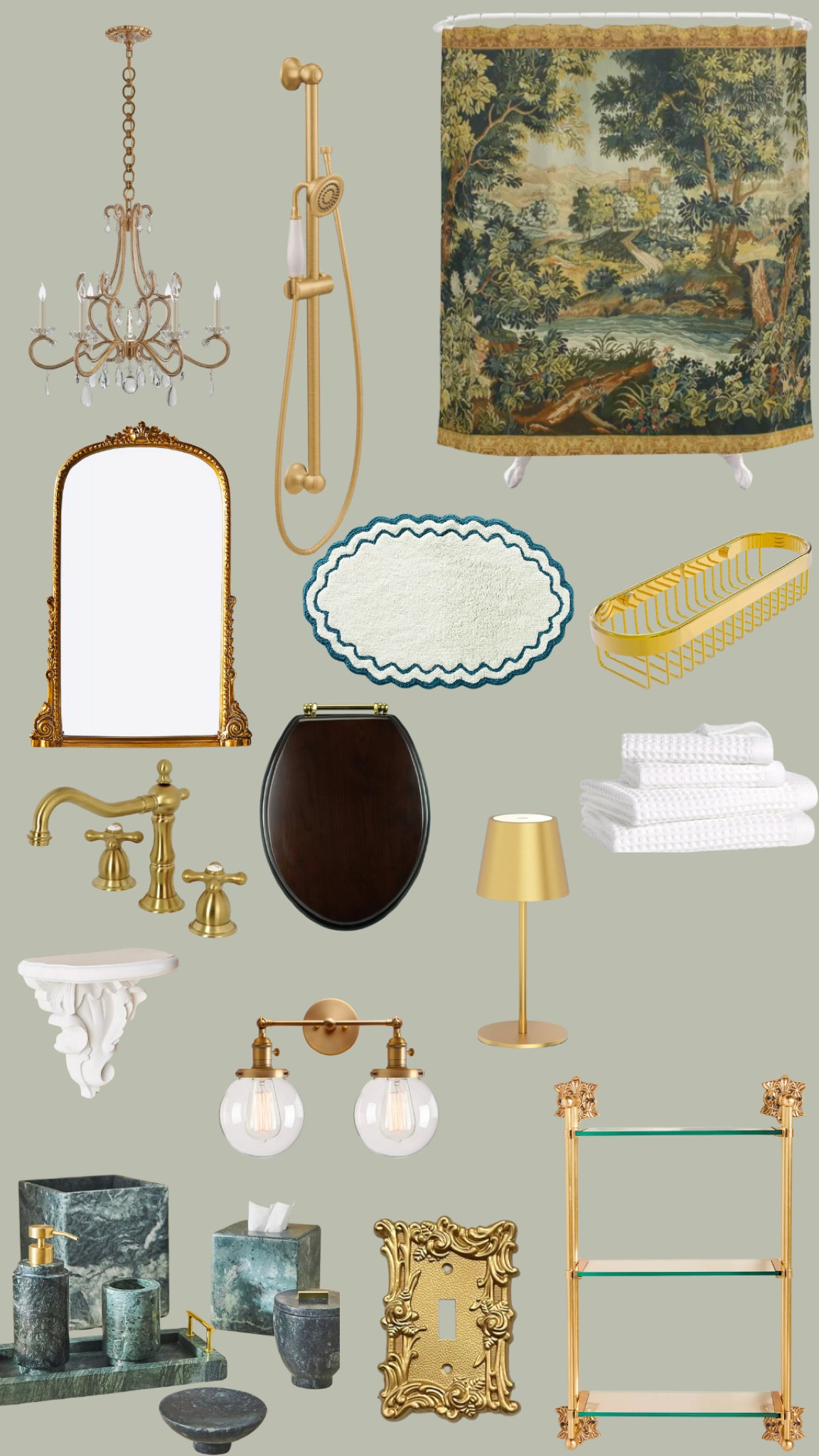 Bathroom accessories- shower curtain, sconce light, waterproof cordless lamp, marble trash can, toilet seat, gold shower head, gold faucet, shelf, gold mirror, chandelier 

#LTKhome #LTKsalealert