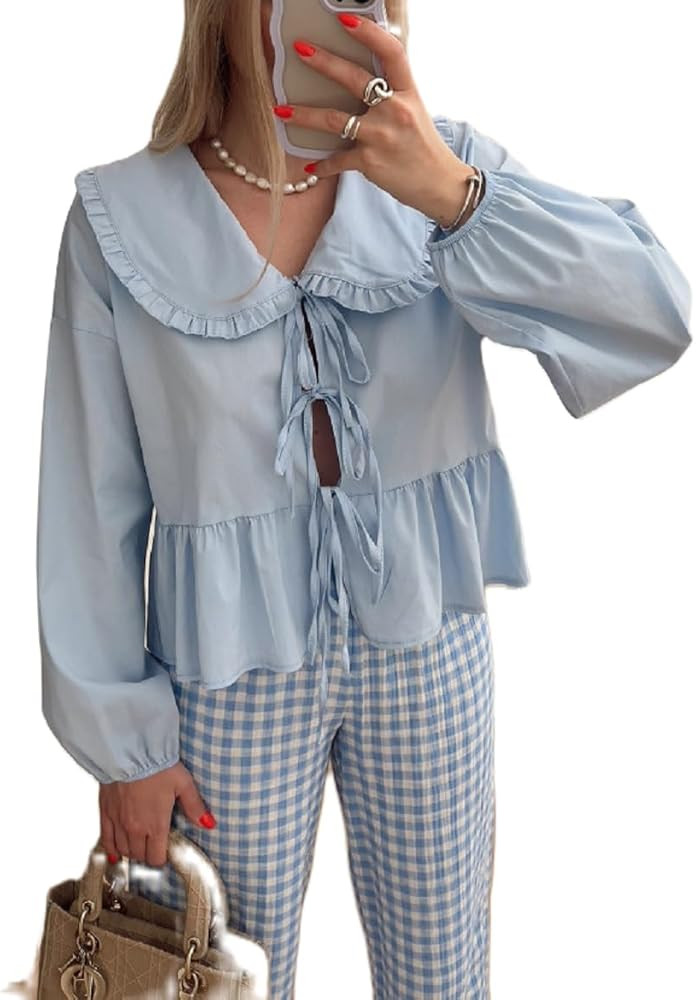 Women Y2k Puff Sleeve Peplum Shirts Bow Tie Front Blouse Flared Ruffle Hem Babydoll Tops Cute Sum... | Amazon (US)
