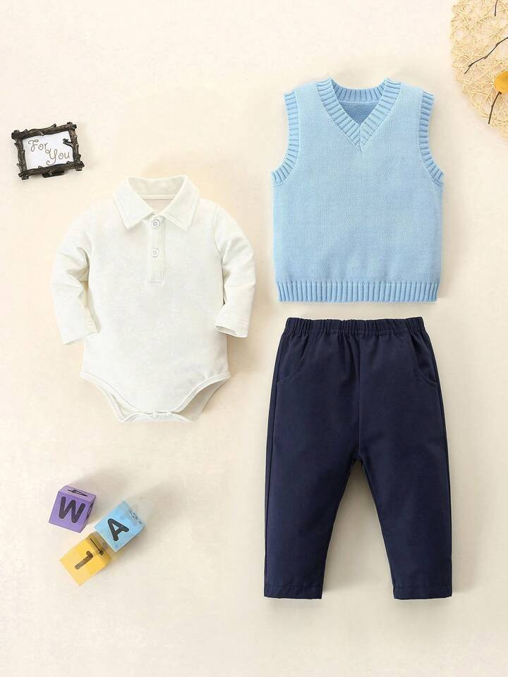 3pcs/Set Baby Boys' Casual Collared Romper With Sweater Vest And Woven Pants Set | SHEIN