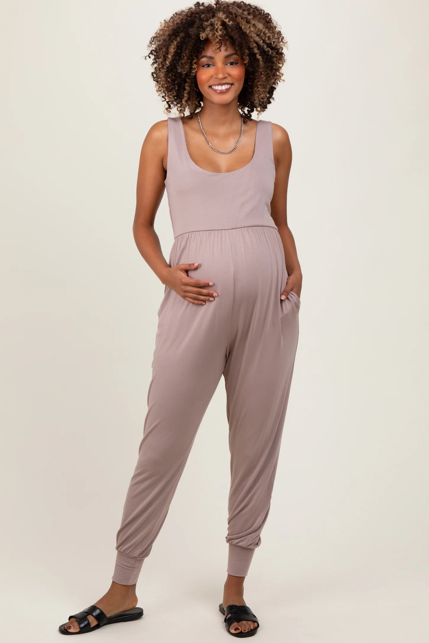 Black Scoop Neck Sleeveless Maternity Jogger Jumpsuit | PinkBlush Maternity