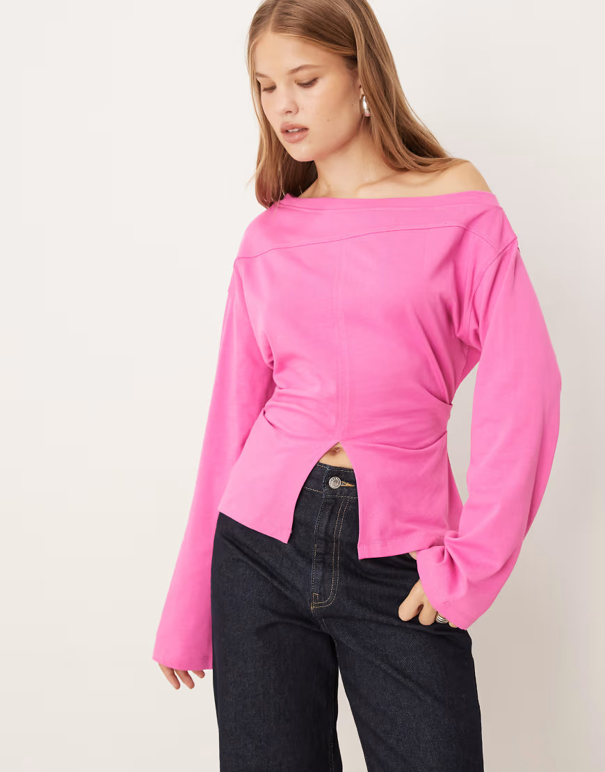ASOS DESIGN long sleeve off shoulder corset waist tee in bright pink | ASOS (Global)