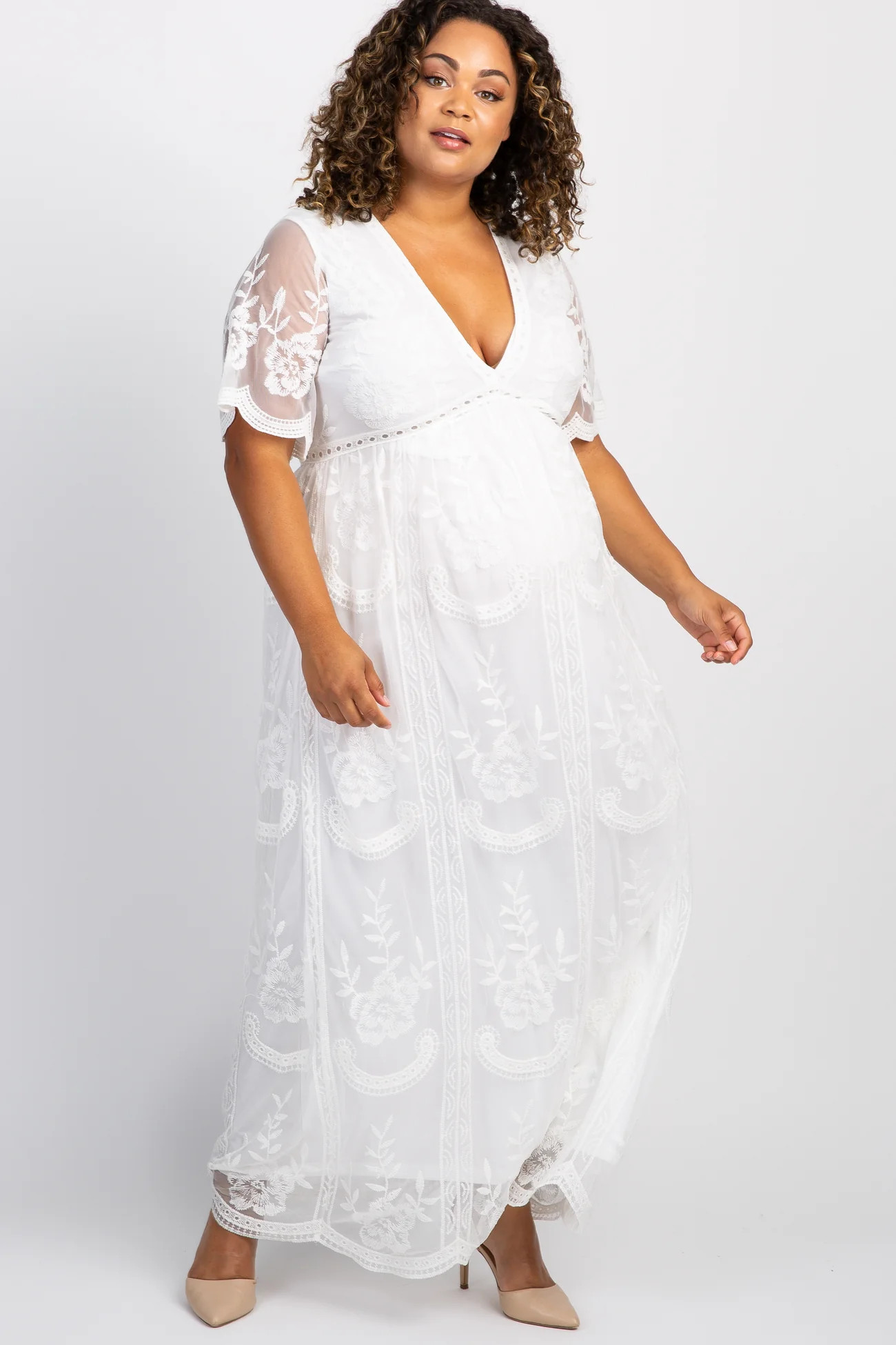 PinkBlush White Lace Mesh Overlay Plus Maternity Maxi Dress | PinkBlush Maternity