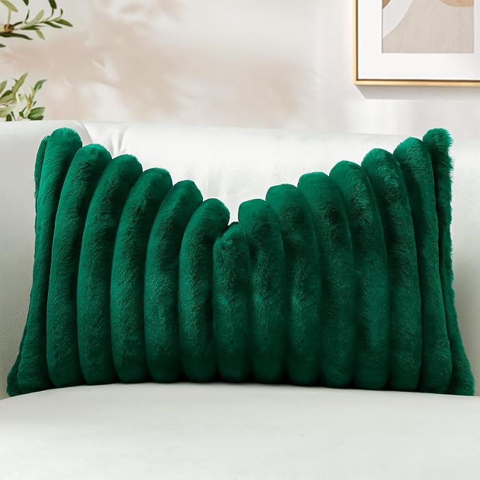 OTOSTAR Dark Green Faux Rabbit Fur Decorative Throw Pillow Cover 16x24 Inch Soft Cozy Plush Strip... | Amazon (US)