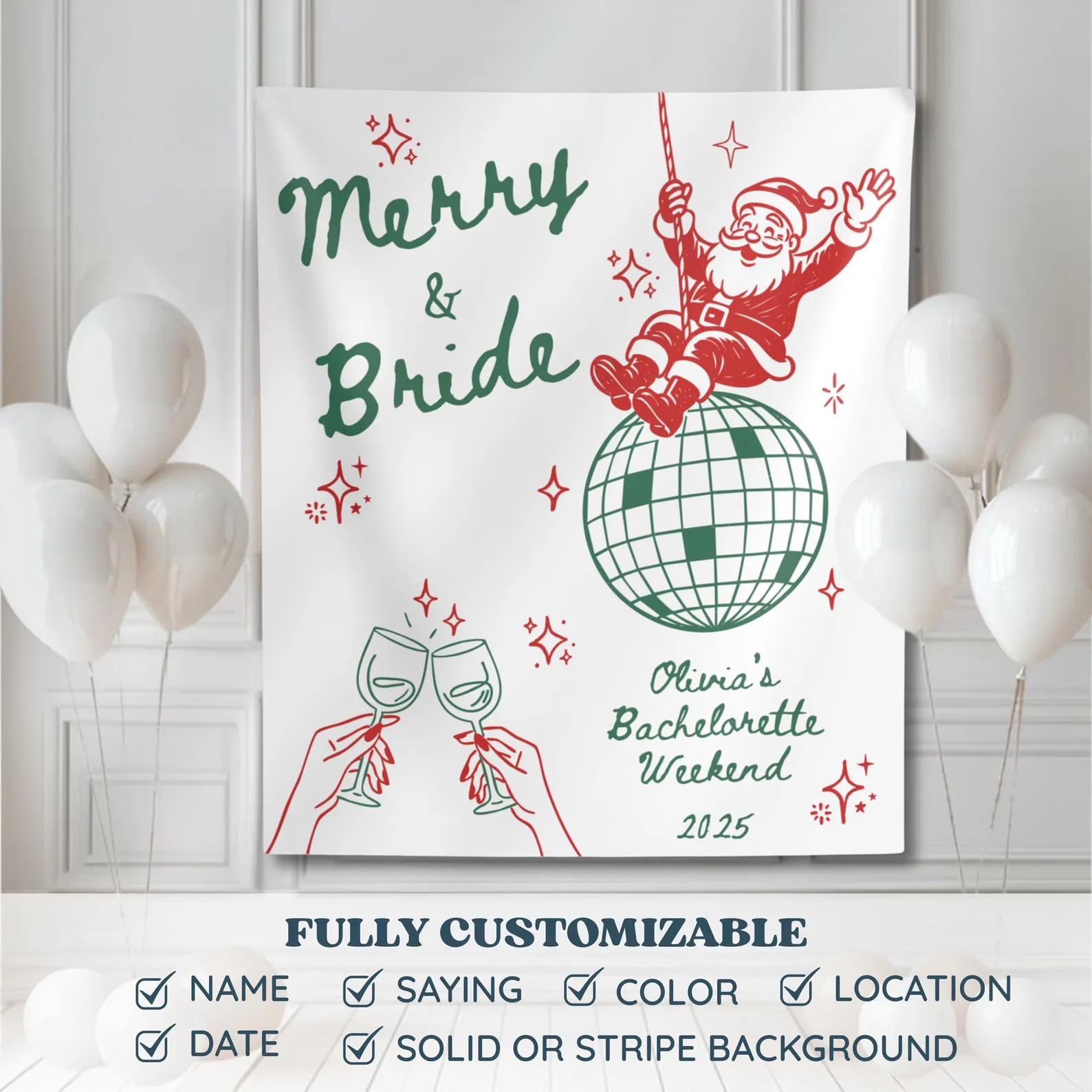 Christmas Bachelorette Party Backdrop Merry and Bride Wall Tapestry Gift Holiday Hen Party Decor ... | Etsy (US)