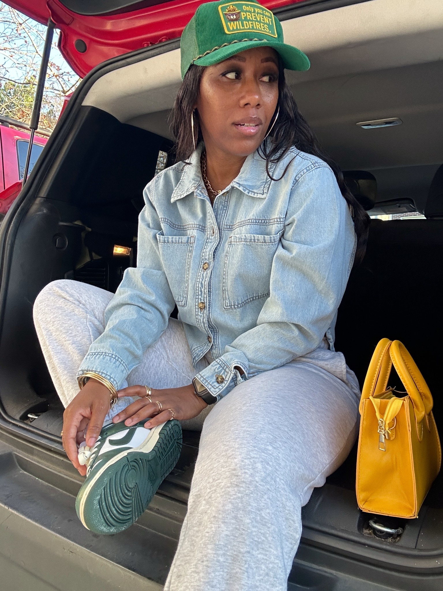 Walmart fit check. Denim button up shirt, grey sweatpants, green trucker hat. I styled this casual outfit with a yellow purse and green and white sneakers

#LTKFindsUnder50 #LTKPetite #LTKootd