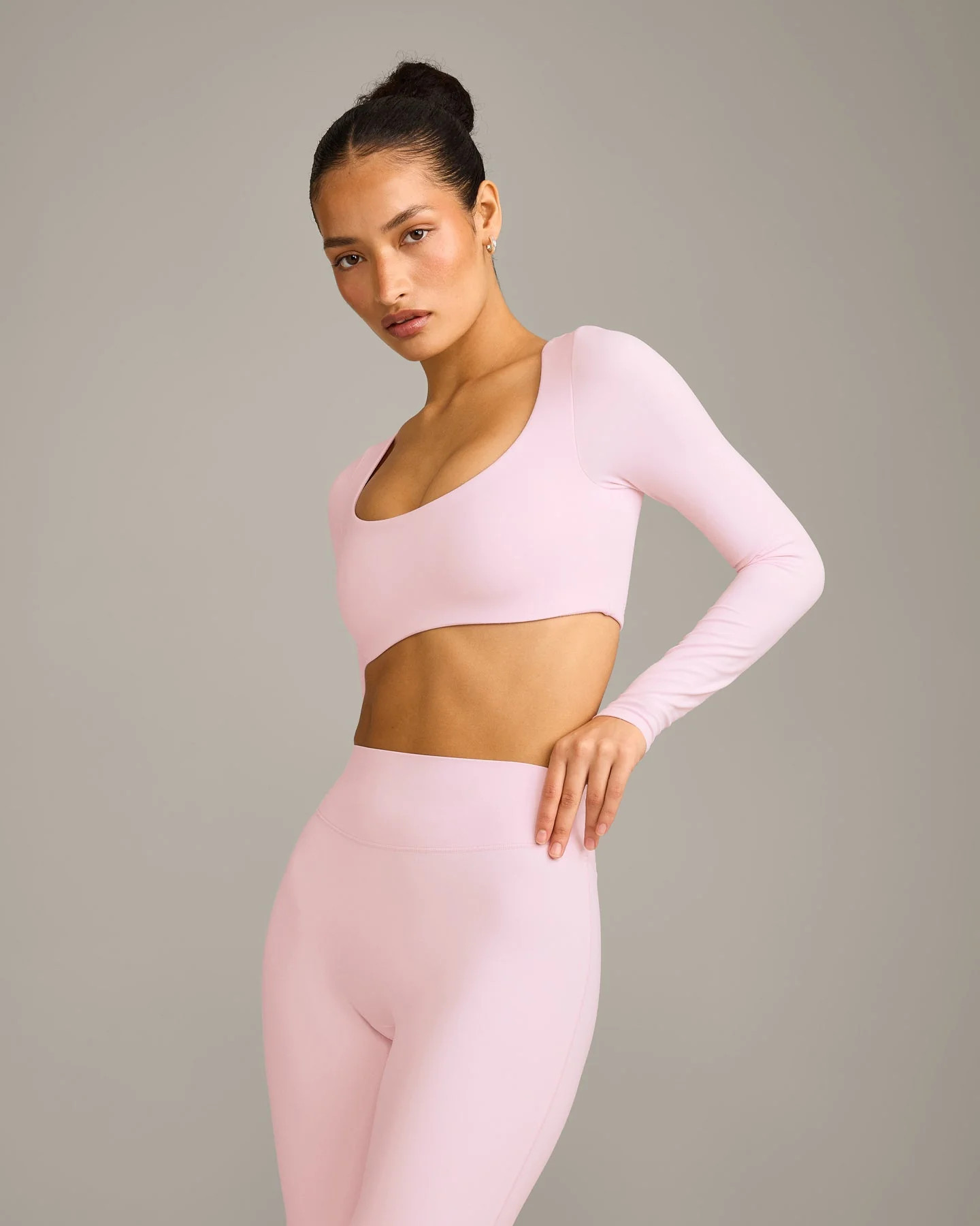 SoftMotion™ Scoop Neck Long Sleeve Crop Top with Built in Bra Shelf with Grey Logo 
 Soft Girl ... | Oner Active (UK / US)