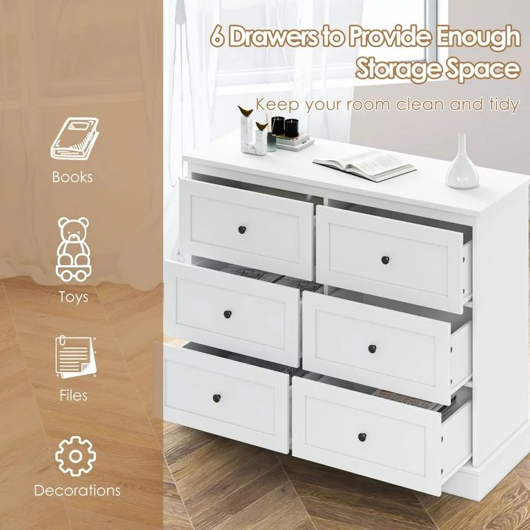 Homfa 6 Drawer Double Dresser White, Wood Storage Cabinet for Living Room, Chest of Drawers for B... | Walmart (US)