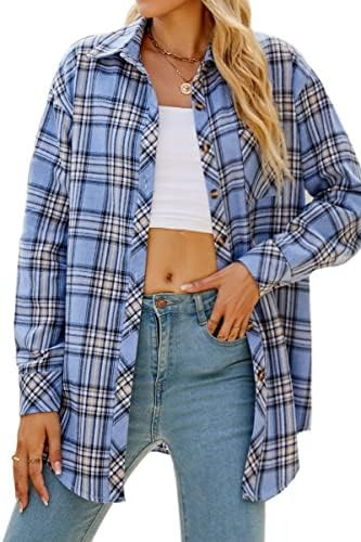 CHYRII Womens Button Down Flannel Shirts Long Sleeve Plaid Shackets Business Casual Blouse Top | Amazon (US)