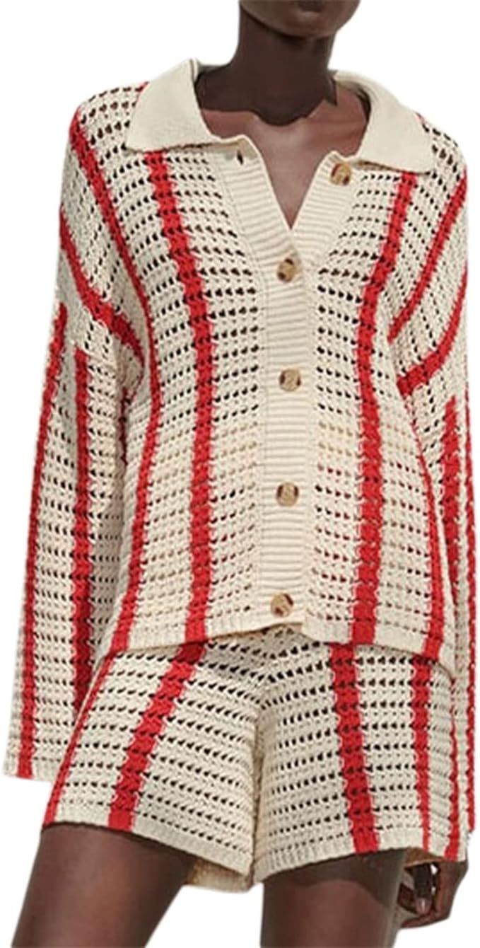 Amazon.com: Crochet 2 Pieces Outfits for Women Color Block Hollow Out Knitted Cardigan and Short ... | Amazon (US)