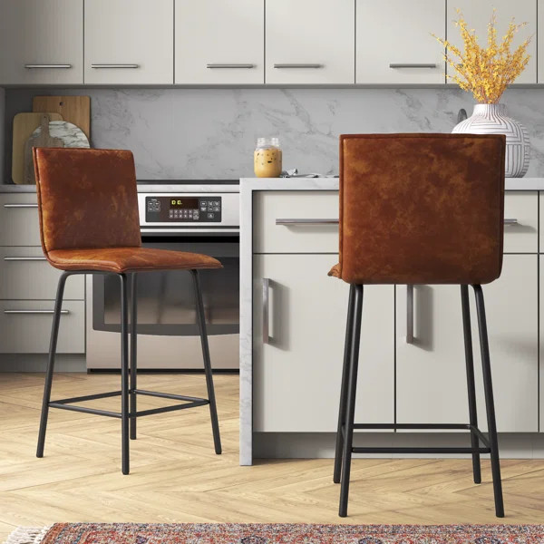 Veloz 24" H Leather Mid-Century Modern Full Back Kitchen Counter Height BarStools Chair | Wayfair North America