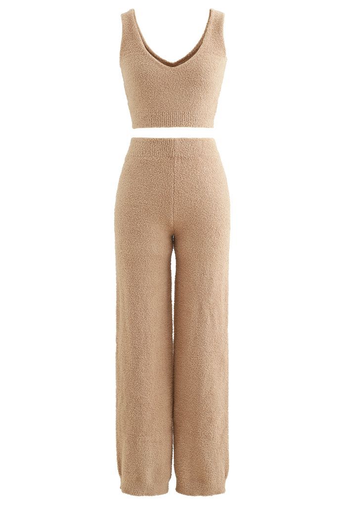 Fluffy Knit Crop Tank Top and Pants Set in Tan | Chicwish
