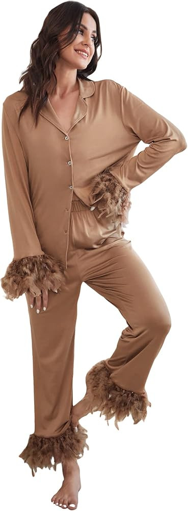 WDIRARA Women's Sleepwear 2 Piece Fuzzy Trim Button Down Long Sleeve and Pants Pj Set | Amazon (US)