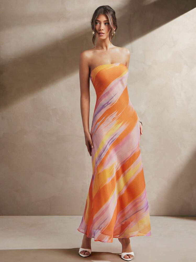 L'Amorae Abstract Brush Stroke Lurex Chiffon Printed Strapless Midi Length Dress Summer Vacation Wedding Guest Homecoming Night Out | SHEIN