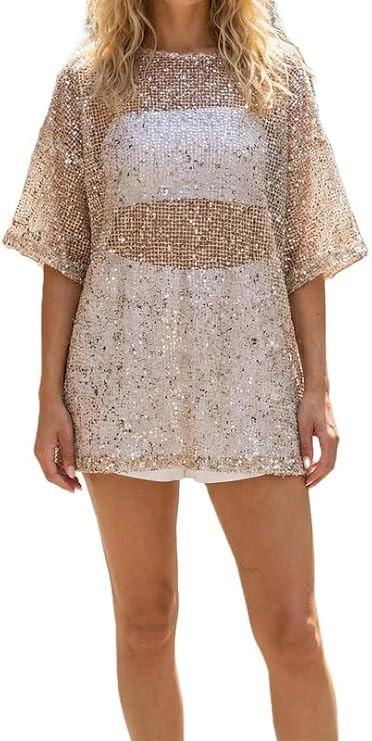 Women Y2k Sequin Knit T Shirt Semi Sheer Mesh Short Sleeve Glitter Tops Oversized Sparkly Beach C... | Amazon (US)