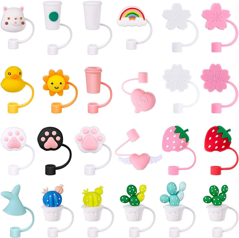 24 Pieces Drinking Straw Tips Lids Covers Cap Silicone Reusable Adorable Dust-Proof Straw Plugs f... | Amazon (US)