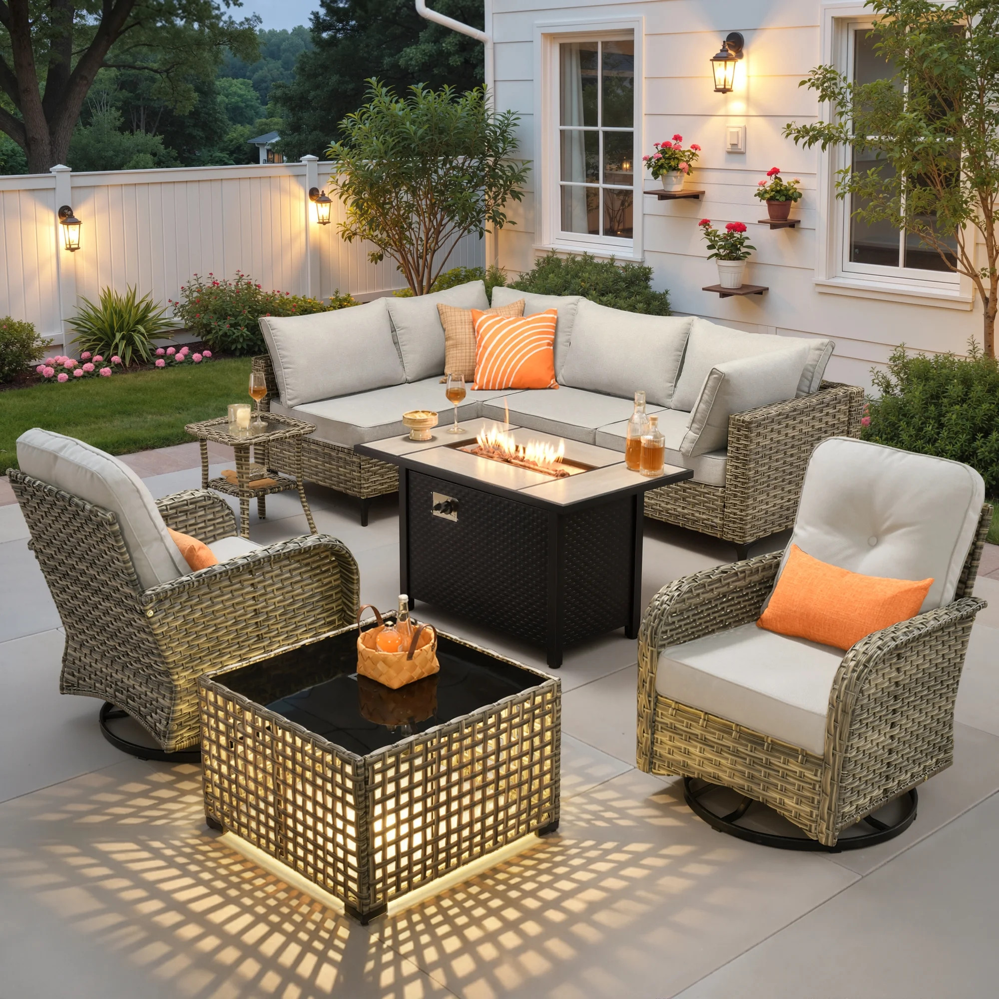 Ovios Outdoor Patio Furniture Set 9 Pieces Rattan Wicker Sectional with 42" Gas Fire Pit, Swivel ... | Walmart (US)