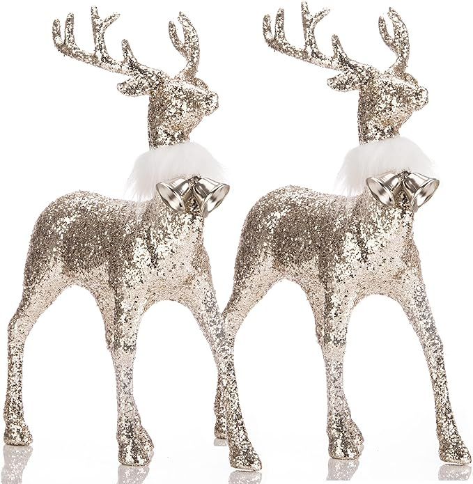 iPEGTOP 2 Pcs Glitter Reindeer Decor Christmas Standing Deer Figurines with Ring Bell, 12.6" X 9"... | Amazon (US)