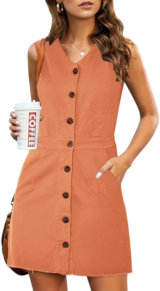 luvamia Women's Casual V Neck Sleeveless Jeans Button Down Denim Short Dress | Amazon (US)