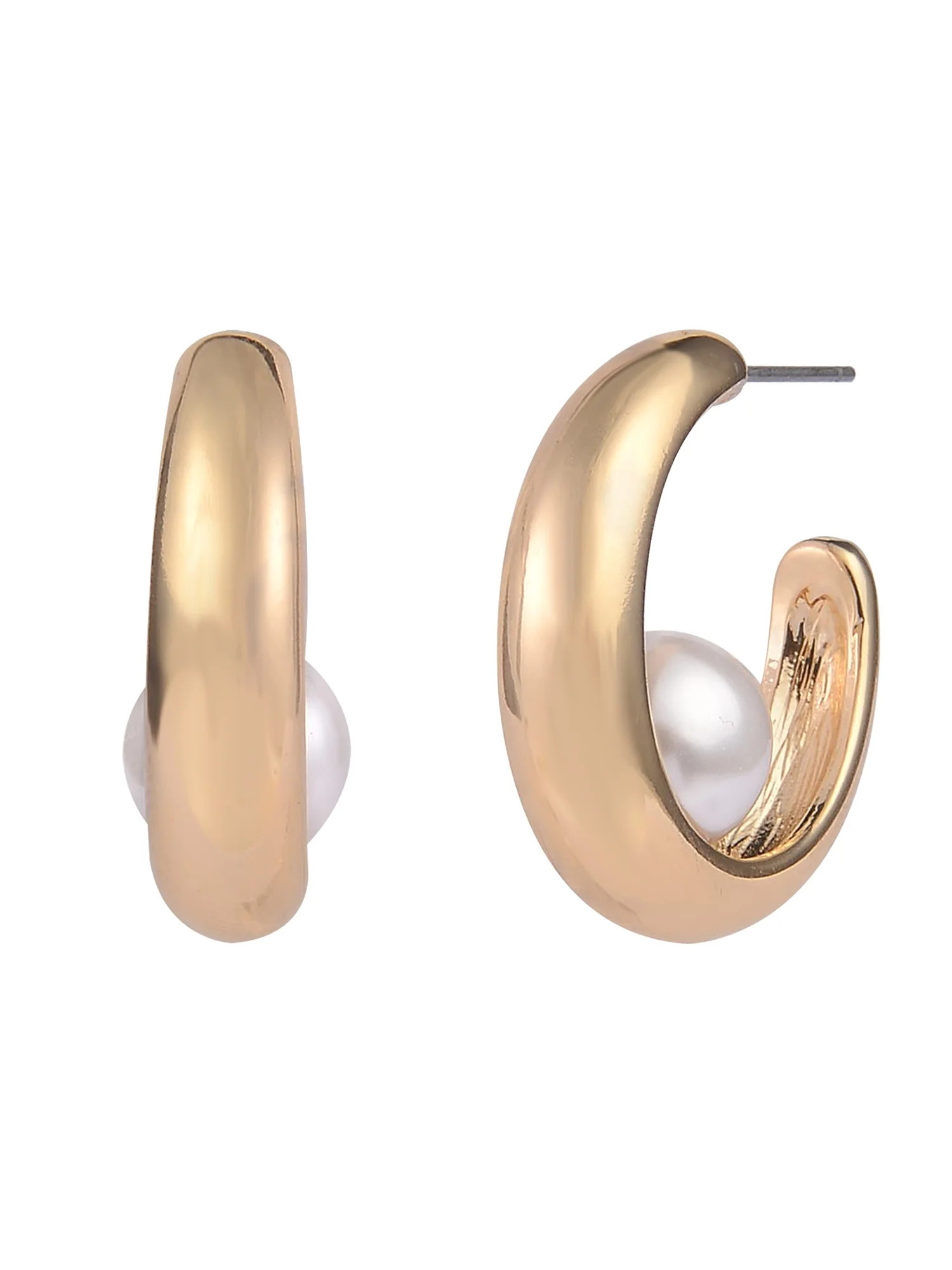 Time and Tru Women's Gold-Tone Metal and Acrylic Pearl C-Hoop Earrings | Walmart (US)